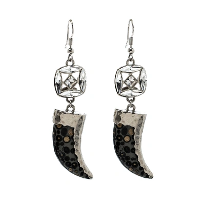 Pre-owned Roberto Cavalli Marble Tooth Crystal Silver Tone Hook Earrings