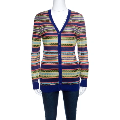 Pre-owned M Missoni Mutlicolor Patterned Knit Rib Trim Cardigan M In Multicolor