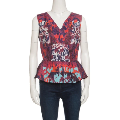 Pre-owned Peter Pilotto Multicolor Textured Water Orchid Print Cloque Peplum Top M