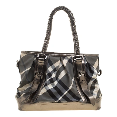 Pre-owned Burberry Metallic Beat Check Nylon And Leather Medium Lowry Tote In Grey