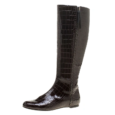 Pre-owned Giuseppe Zanotti Brown Croc Embossed Patent Ringotto Over The Knee Boots Size 36