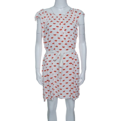 Pre-owned Prada White And Red Lip Print Pleated Waist Tie Detail Dress S