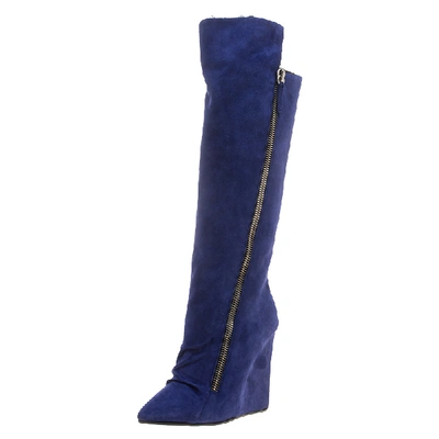 Pre-owned Giuseppe Zanotti Blue Suede Guaz Fur Lined Wedge Knee Boots Size 39