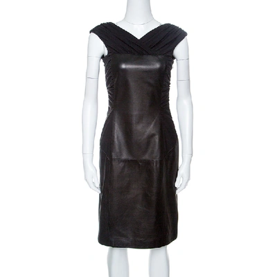 Pre-owned Alberta Ferretti Black Sheep Leather Panel Ruched Sleeveless Dress S