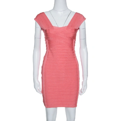 Pre-owned Herve Leger Blush Peach Sleeveless Bandage Dress S In Pink