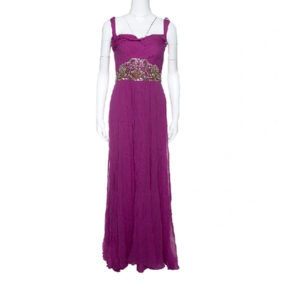 Pre-owned Notte By Marchesa Magenta Embellished Chiffon Draped Grecian Gown S In Pink
