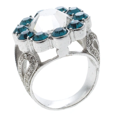 Pre-owned Dior Blue Crystal Flower Silver Tone Ring Size 52