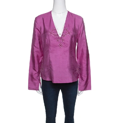 Pre-owned Emporio Armani Pink Raw Silk Embellished Long Sleeve Top L