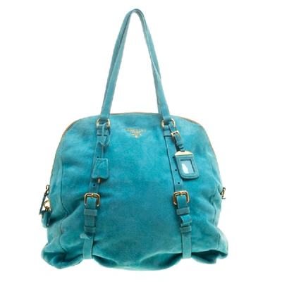 Pre-owned Prada Turquoise Suede New Look Tote In Blue