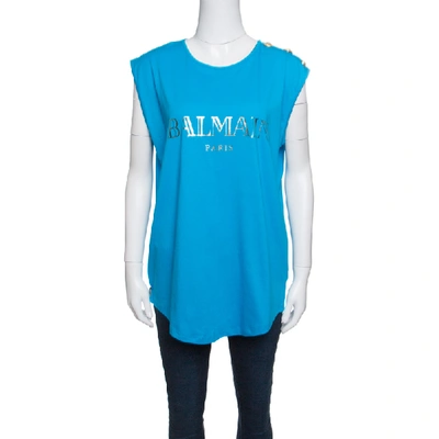 Pre-owned Balmain Blue Cotton Shoulder Logo Button Detail Sleeveless T-shirt L
