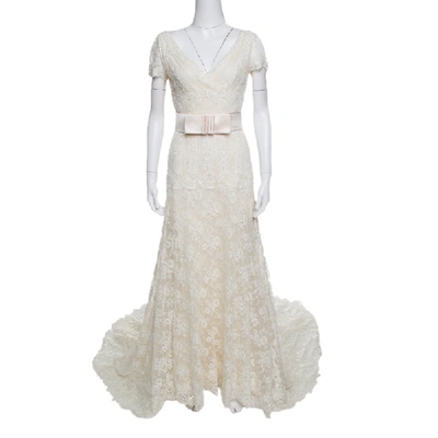 Pre-owned Valentino Sposa Cream Floral Beaded Lace Hesperides Sheath Wedding Gown M