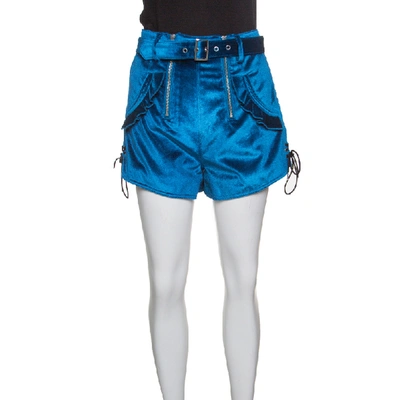 Pre-owned Self-portrait Self Portrait Peacock Blue Velvet Lace-up Cuff Belted High Waist Shorts S