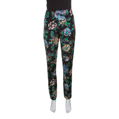 Pre-owned Diane Von Furstenberg Black Floral Printed Benton High Waist Skinny Trousers L