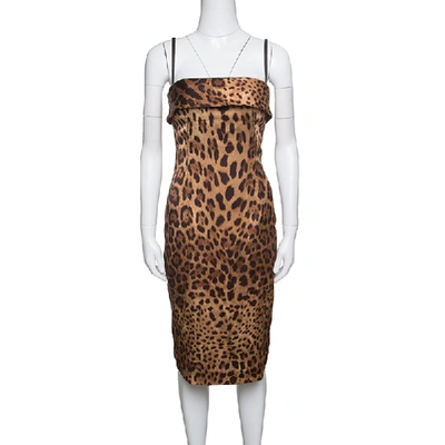 Pre-owned Dolce & Gabbana Brown Leopard Printed Satin Sheath Dress S