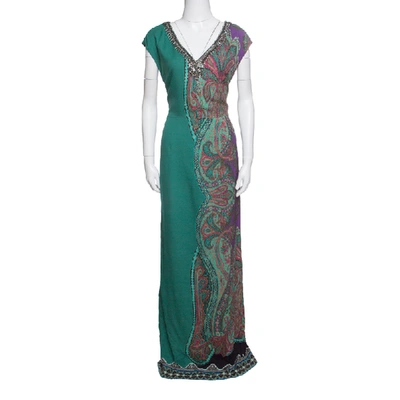 Pre-owned Etro Green Paisley Printed Embellished Maxi Dress M