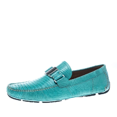Pre-owned Ferragamo Aqua Green Lizard Sardegna Loafers Size 44 In Blue