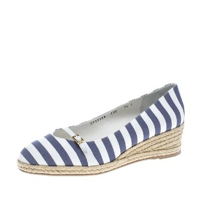 Pre-owned Ferragamo Two Tone Striped Canvas Audrey Wedge Espadrille Pumps Size 40 In White