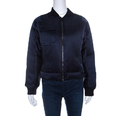 Pre-owned Diane Von Furstenberg Navy Blue Satin Alexander Bomber Jacket S