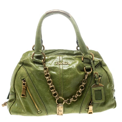 Pre-owned Prada Green Vitello Shine Leather Chain Link Bowler Bag