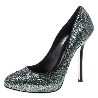 Pre-owned Miu Miu Metallic Silver Coarse Glitter Platform Pumps Size 39