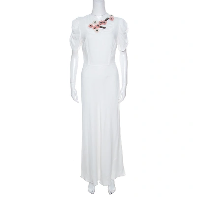 Pre-owned Miu Miu White Floral Embellished Neck Ruched Sleeve Dress S