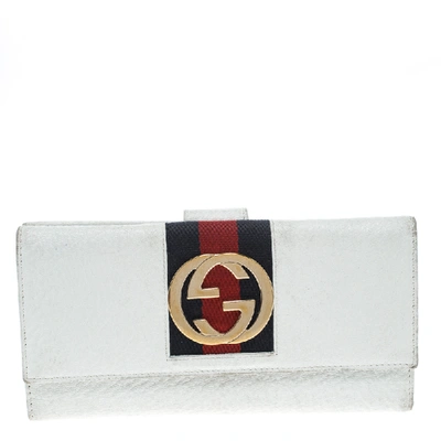 Pre-owned Gucci White Leather Web Gg Interlocking Continental Wallet
