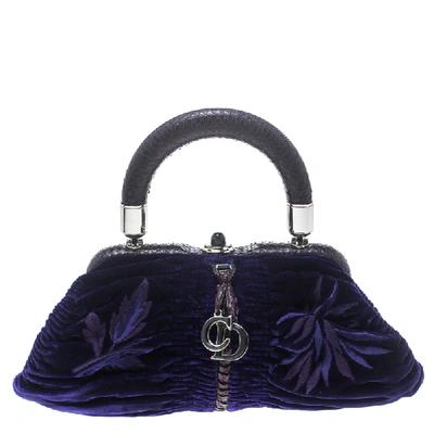 Pre-owned Dior Indigo Blue/lilac Velvet And Snakeskin Top Handle Bag
