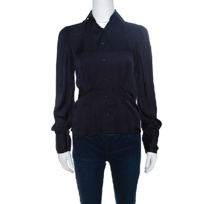 Pre-owned Ralph Lauren Navy Blue Silk Satin Pleat Detail Button Front Shirt S