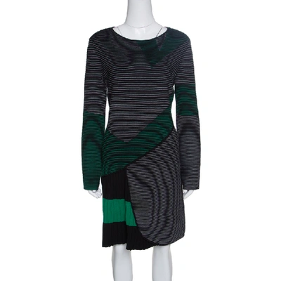 Pre-owned Emporio Armani Black Striped Knit Pleat Detail Long Sleeve Dress M