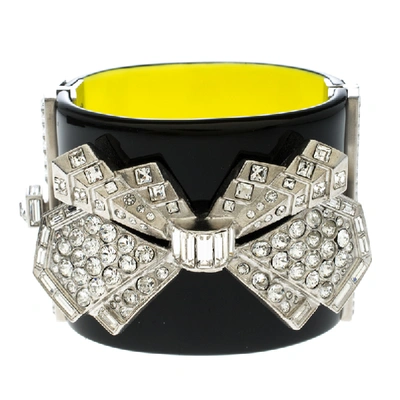 Pre-owned Chanel Crystal Embellished Black Resin Silver Tone Wide Cuff Bracelet 17cm