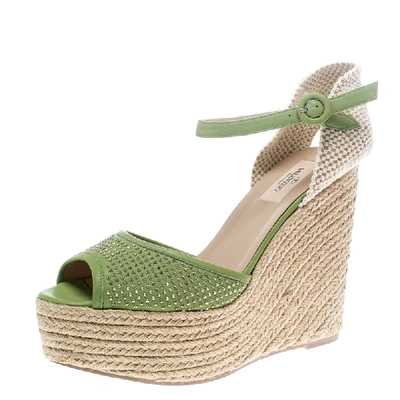 Pre-owned Valentino Garavani Green Studded Leather Espadrille Wedge Ankle Strap Sandals Size 41