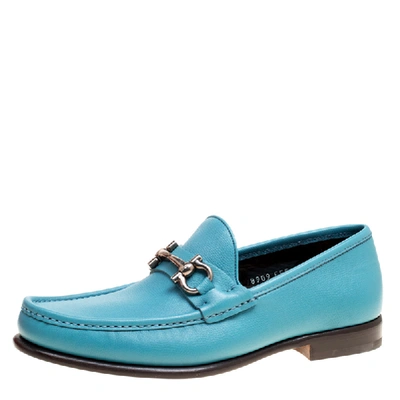 Pre-owned Ferragamo Blue Leather Mason Gancio Bit Loafers Size 43.5