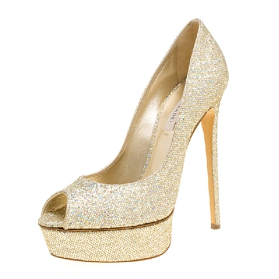 Pre-owned Casadei Gold Glitter Lam&eacute; Fabric Daisy Peep Toe Platform Pumps Size 40