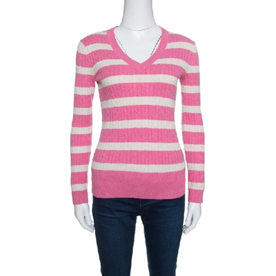 Pre-owned Tommy Hilfiger Pink And Cream Striped Cable Knit V-neck Sweater S