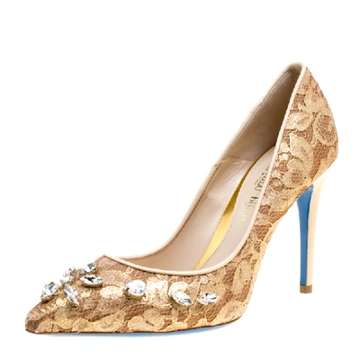 Pre-owned Loriblu Bijoux Beige Lace Crystal Embellished Pointed Toe Pumps Size 38.5