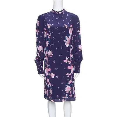 Pre-owned Erdem Navy Blue Kayo Lily Printed Silk Mirela Shift Dress M