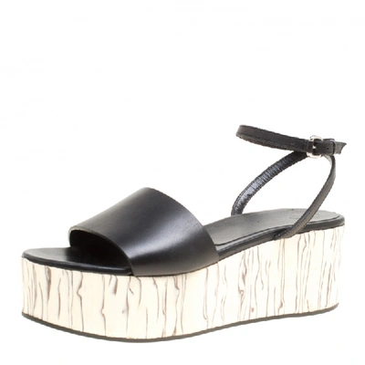 Pre-owned Mcq By Alexander Mcqueen Black Leather Wooden Platform Ankle Wrap Sandals Size 38