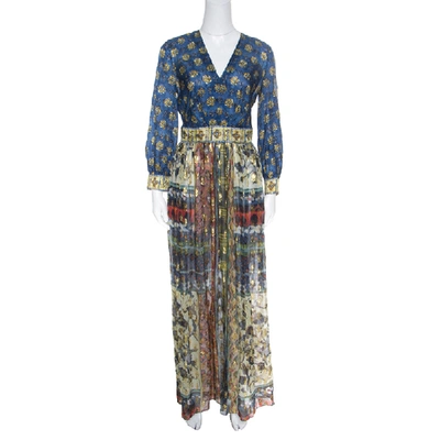 Pre-owned Alberta Ferretti Printed Silk Lurex Jacquard Peasant Sleeve Maxi Dress S In Blue