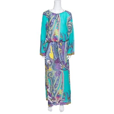 Pre-owned Etro Multicolor Printed Cotton And Silk Waist Tie Detail Kaftan Dress M