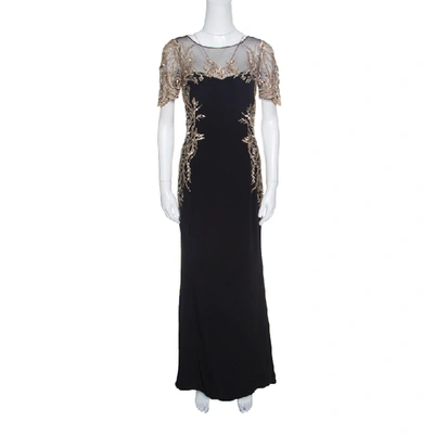 Pre-owned Notte By Marchesa Black Silk Lurex Floral Embroidered Evening Gown S
