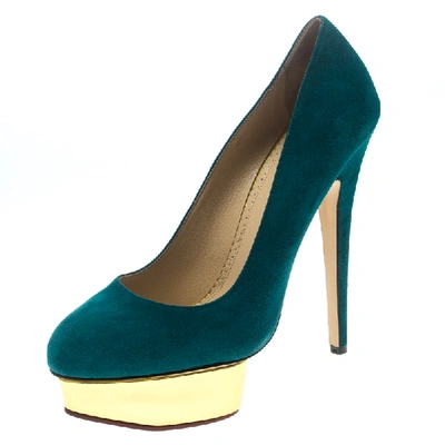 Pre-owned Charlotte Olympia Teal Blue Suede Dolly Platform Pumps Size 40