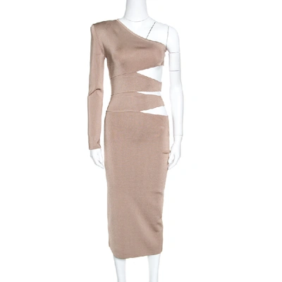 Pre-owned Balmain Beige Knit One Shoulder Cutout Fitted Dress M