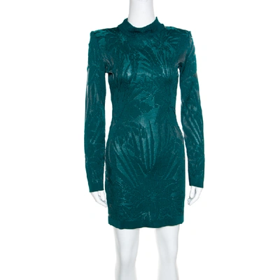 Pre-owned Balmain Green Floral Jacquard Knit High Neck Power Shoulder Mini Dress M