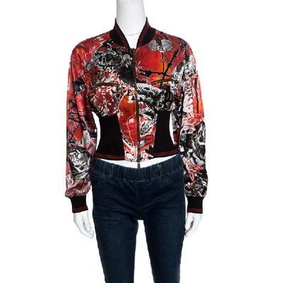 Pre-owned Roberto Cavalli Red Floral And Snake Printed Satin Bomber Jacket S