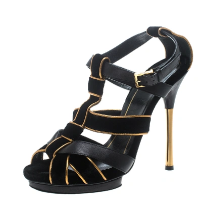 Pre-owned Gucci Black Velvet And Leather Malika Strappy Sandals Size 37.5