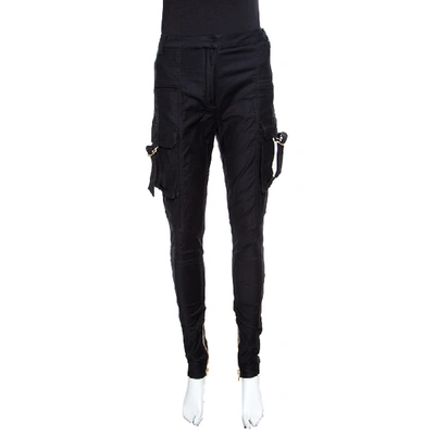 Pre-owned Balmain Black Cotton Ankle Zip Detail High Waisted Trousers S