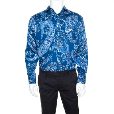 Pre-owned Etro Blue Cotton Paisley Printed Long Sleeve Button Front Shirt L