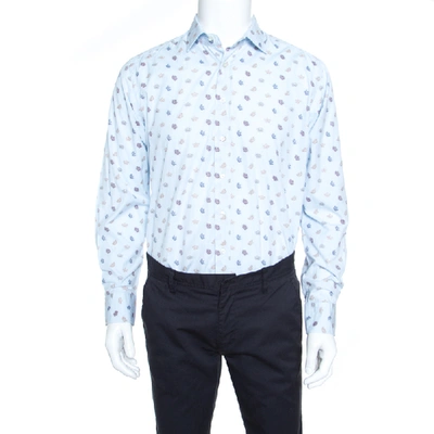 Pre-owned Etro Pale Blue Crown Motif Cotton Jacquard Button Down Shirt L