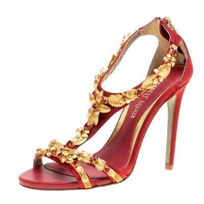 Pre-owned Loriblu Bijoux Red Satin Floral Embellished Crystal Studded Sandals Size 36