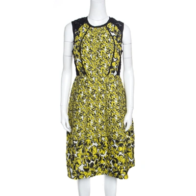 Pre-owned Oscar De La Renta Yellow And Black Embossed Floral Jacquard Lace Detail Dress L